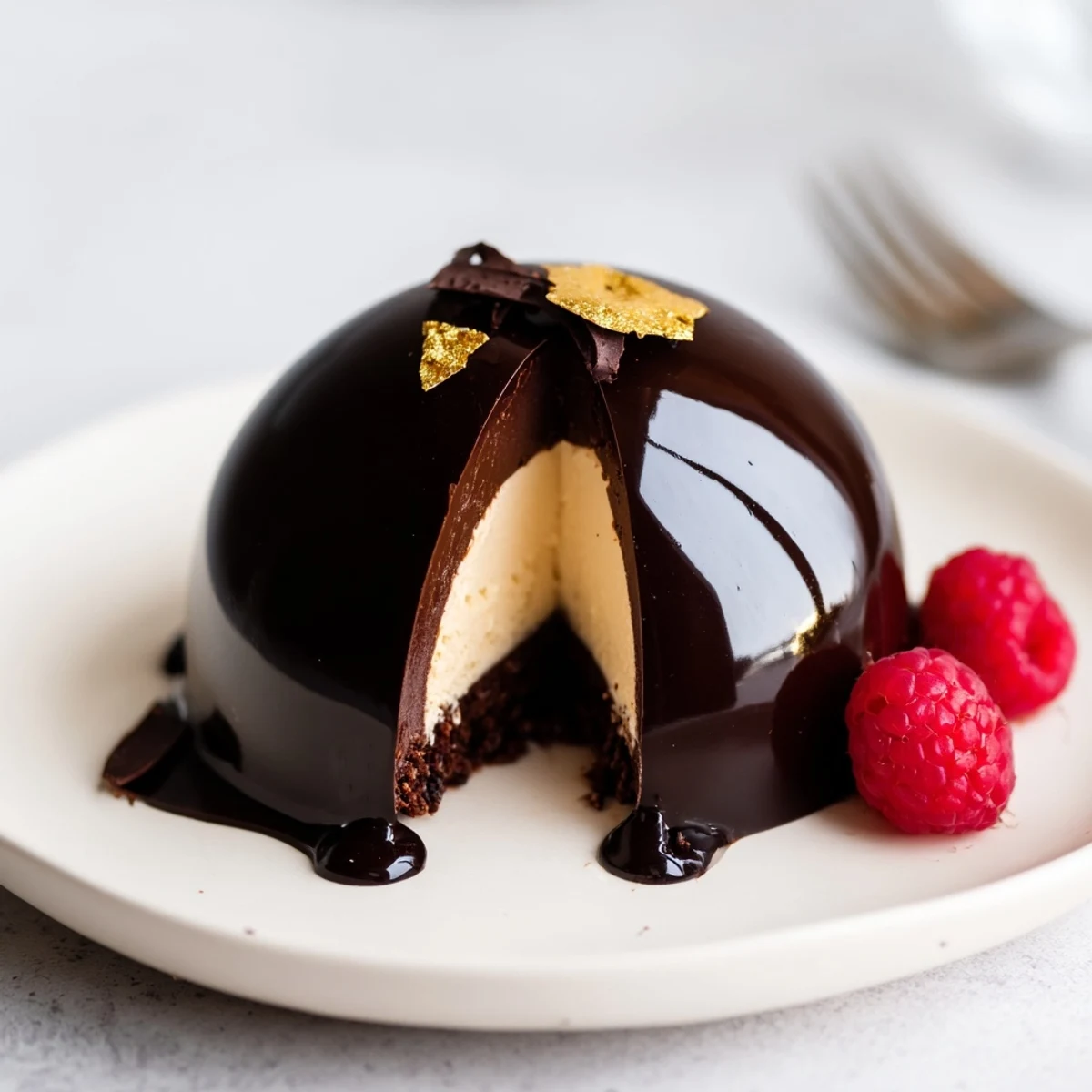 Plated Elegant Chocolate Mascarpone Dome Dessert With Glossy Shells, chilled, rich cocoa aroma