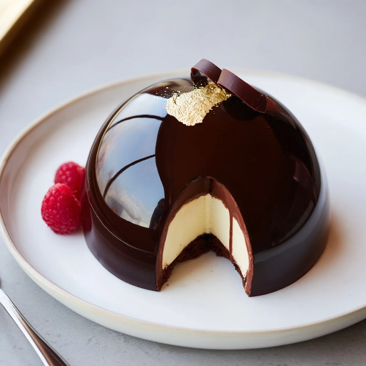 Elegant Chocolate Mascarpone Dome Dessert With Glossy Shells topped with gold leaf and berries