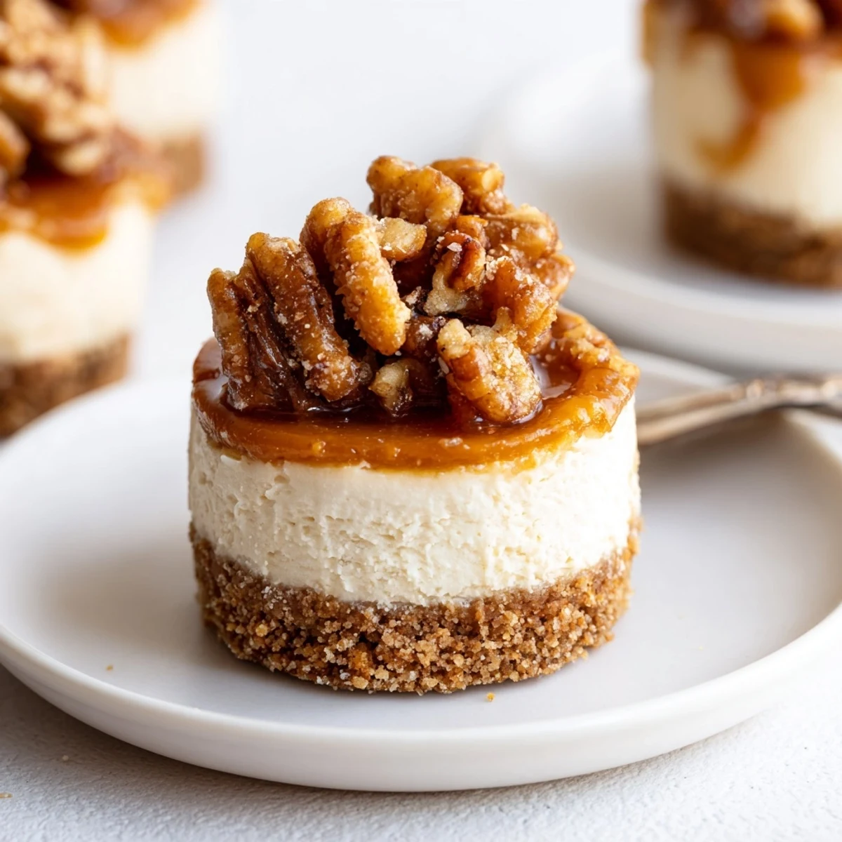 Mini Pecan Pie Cheesecakes topped with glossy pecan caramel, served with whipped cream