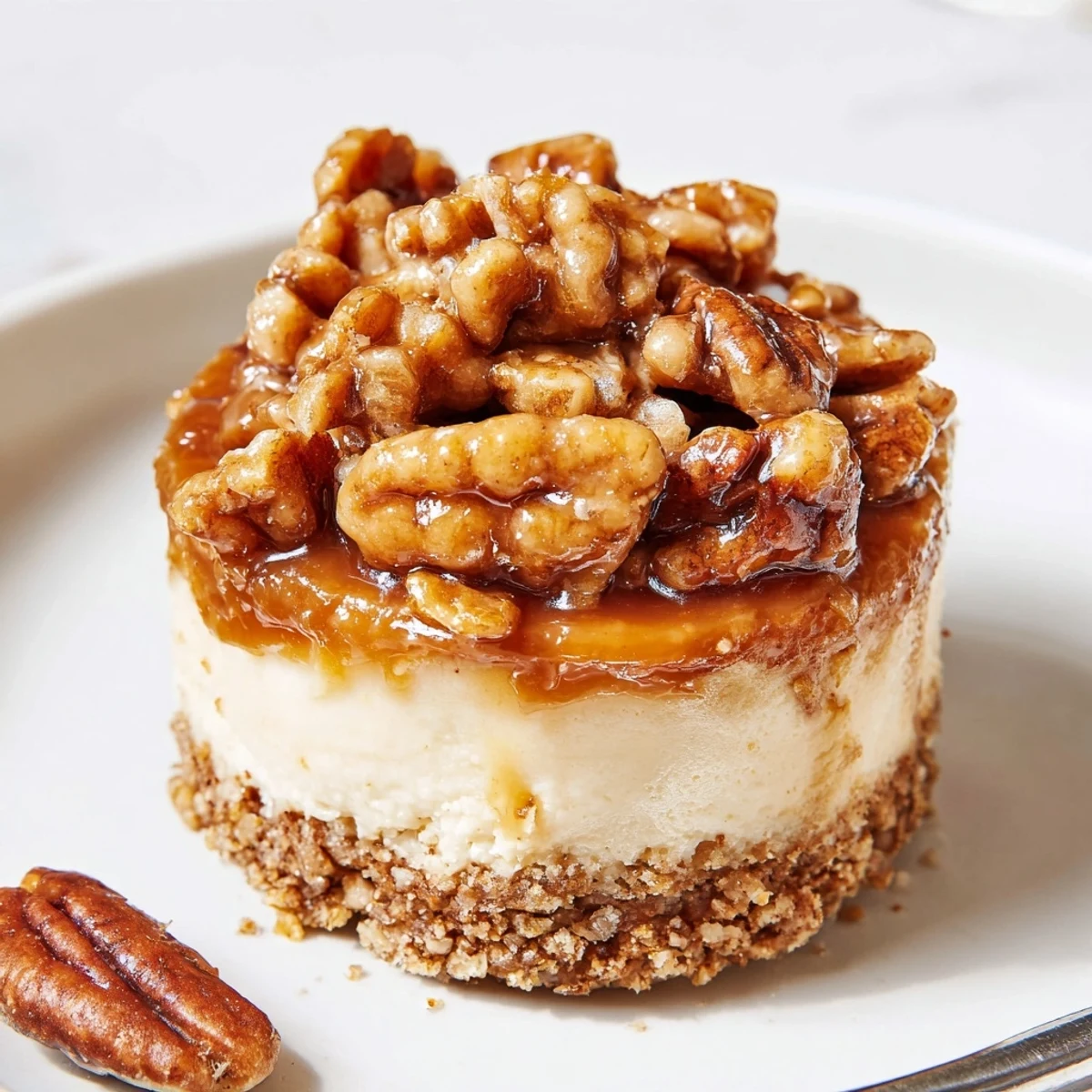 Plated Mini Pecan Pie Cheesecakes with toasted pecans and warm caramel drizzle