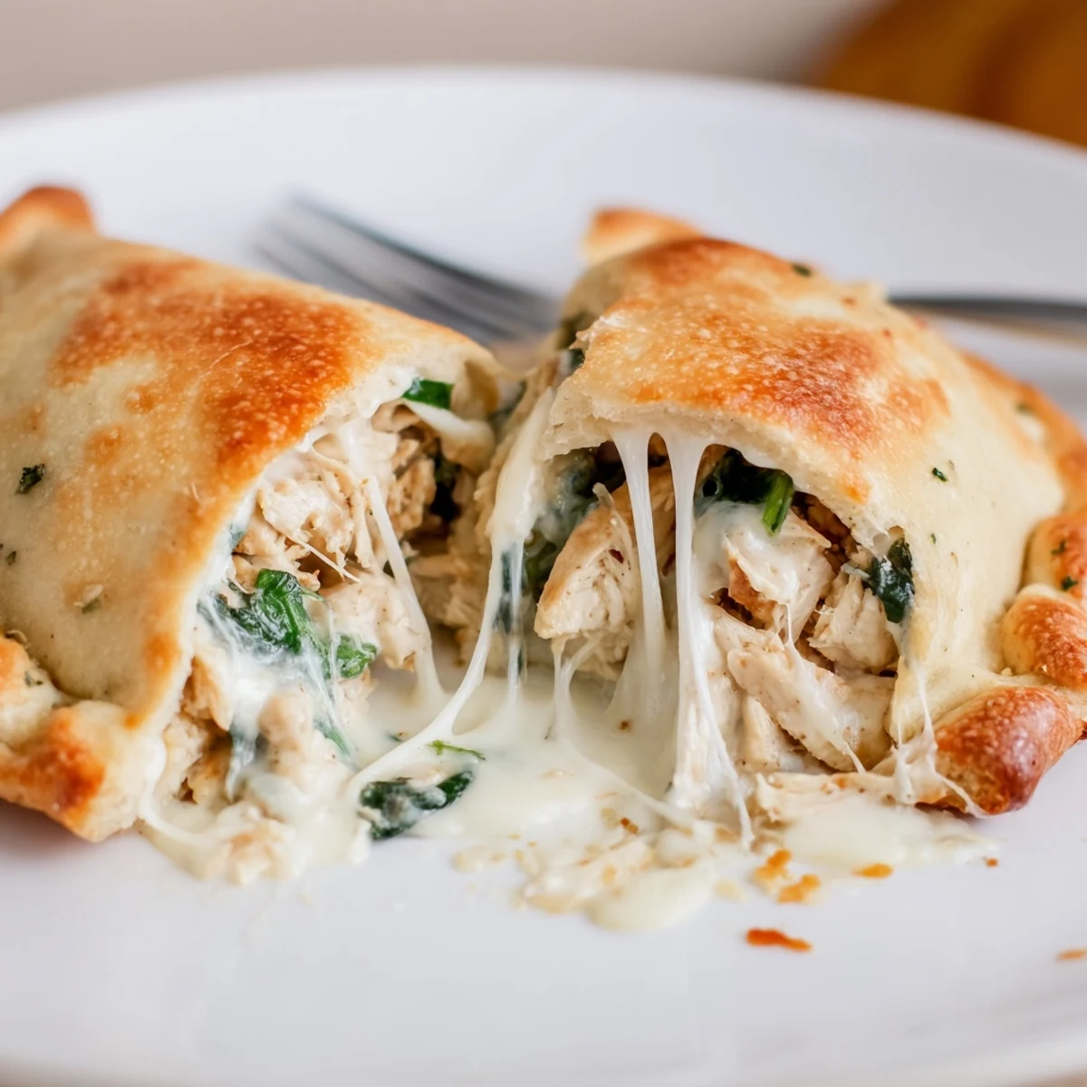 Handheld Crispy Cheesy Chicken Alfredo Air Fryer Calzones showing gooey cheese pull