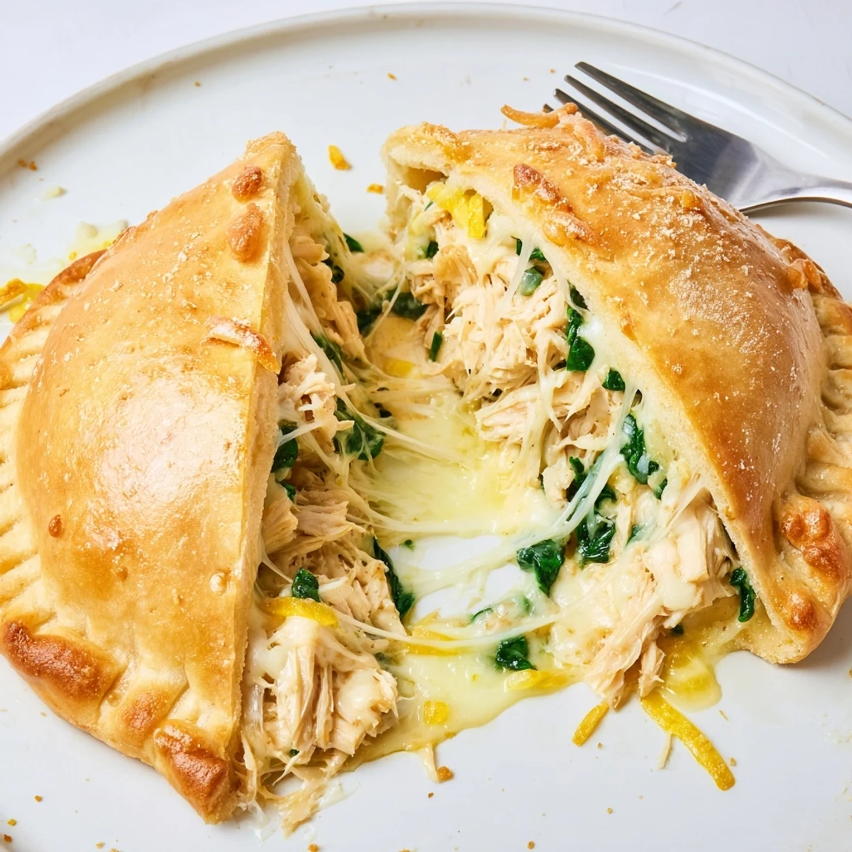 Plate of Crispy Cheesy Chicken Alfredo Air Fryer Calzones, served with Alfredo dip