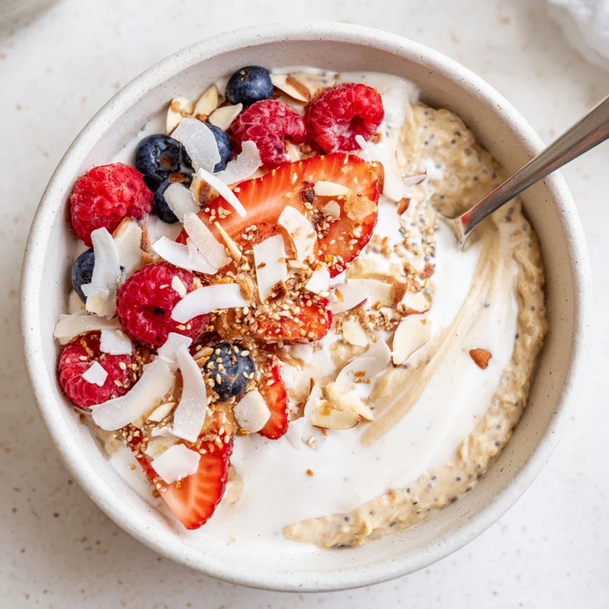 Creamy jars of Healthy Coconut Cream Overnight Oats topped with fresh berries