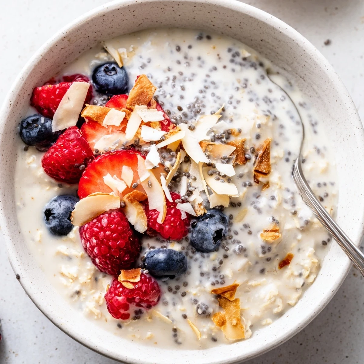 Silky Healthy Coconut Cream Overnight Oats drizzled with extra coconut cream, maple sweetness