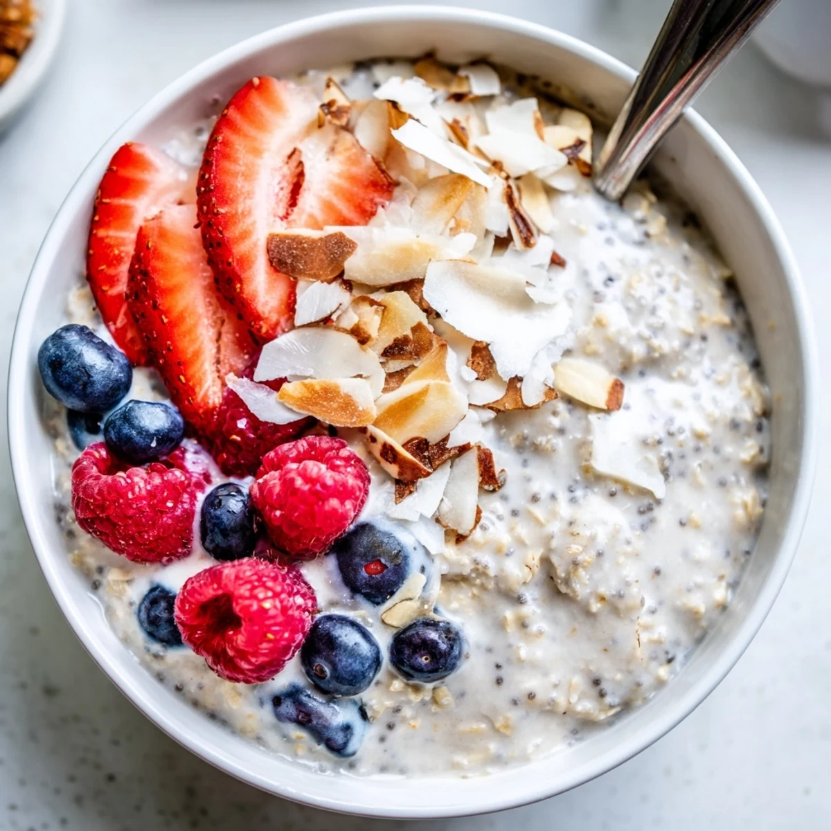 Two chilled servings of Healthy Coconut Cream Overnight Oats garnished with toasted coconut