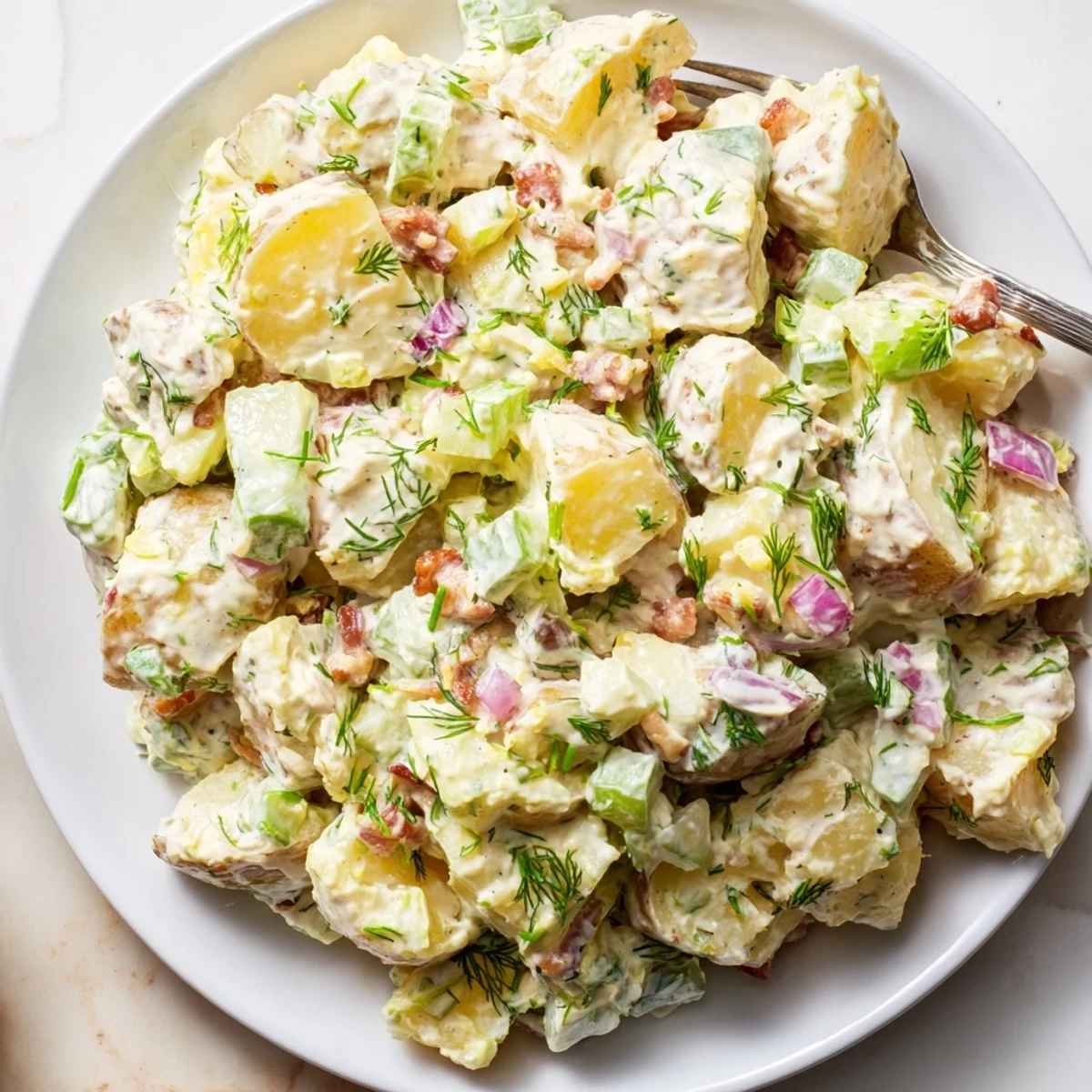 Chilled Steakhouse Potato Salad tossed with dill, scallions, creamy mustard dressing