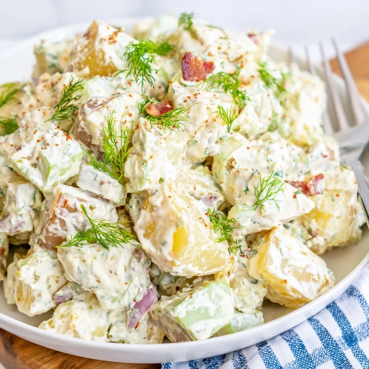 Forkful of Steakhouse Potato Salad showing Yukon Gold chunks, smoky paprika aroma
