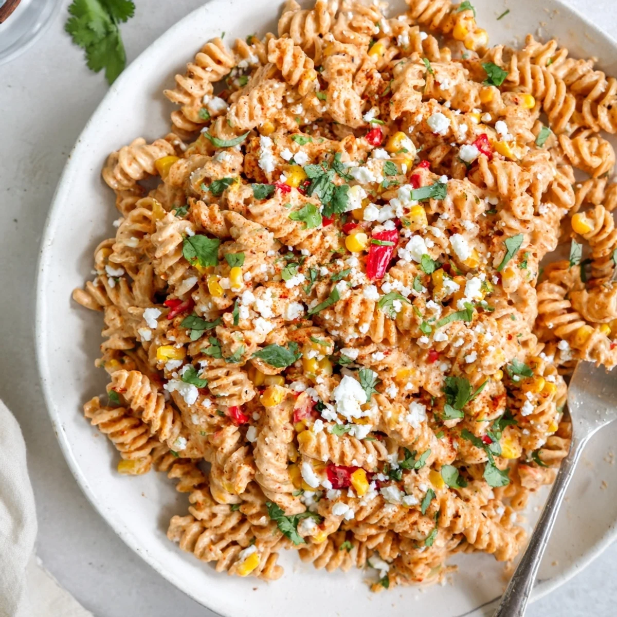 Chilled Street Corn Pasta Salad tossed in creamy chili mayo, ideal for picnics.