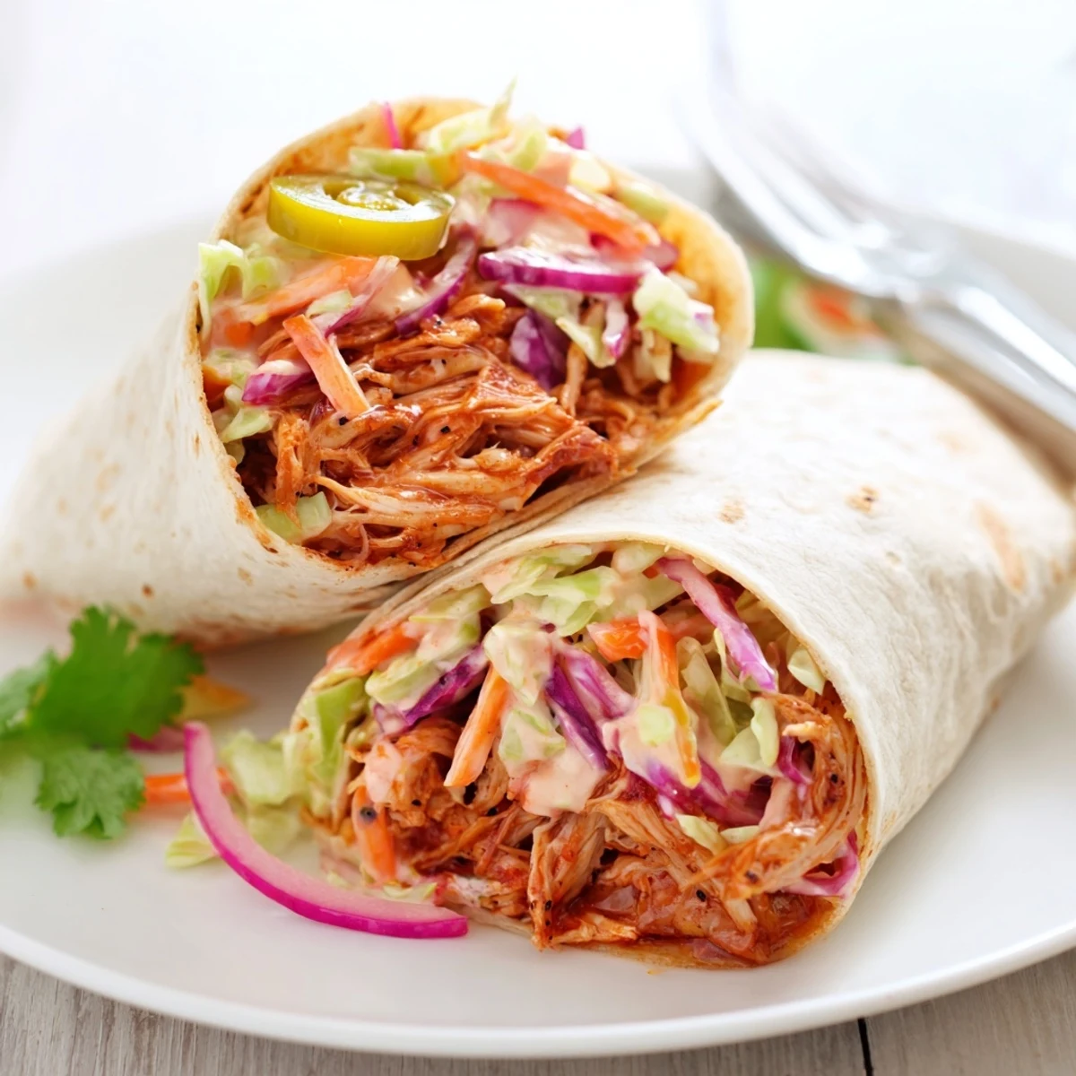 Grilled Bbq Chicken Coleslaw Wraps sliced in half, colorful cabbage peeking