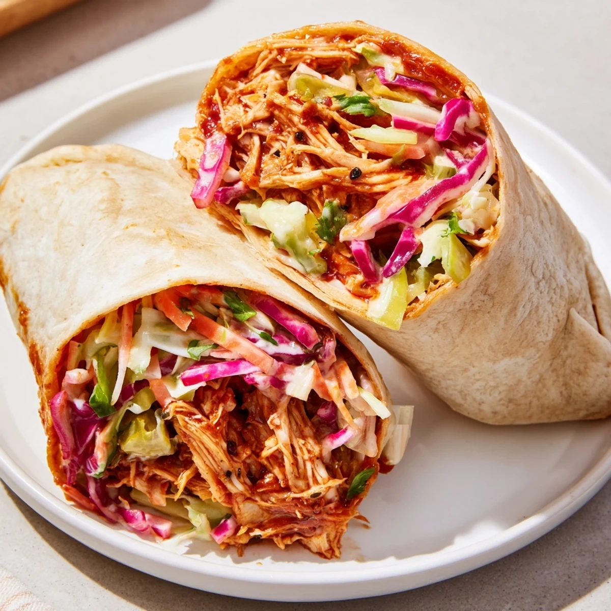 Easy Bbq Chicken Coleslaw Wraps on soft tortillas, creamy vinegar slaw bite