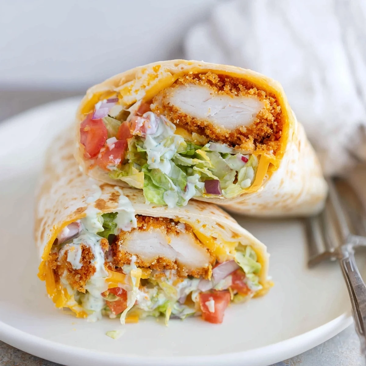 Crispy Chicken Ranch Wrap with golden fried tenders, crunchy lettuce, creamy ranch dressing