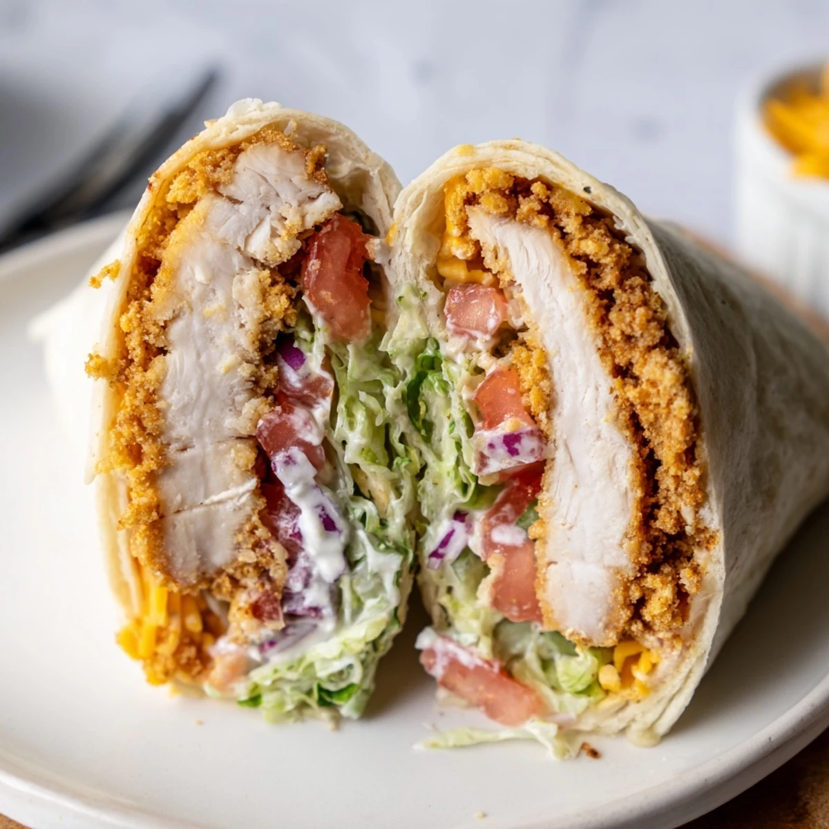 Warm Crispy Chicken Ranch Wrap sliced in half, served with fries