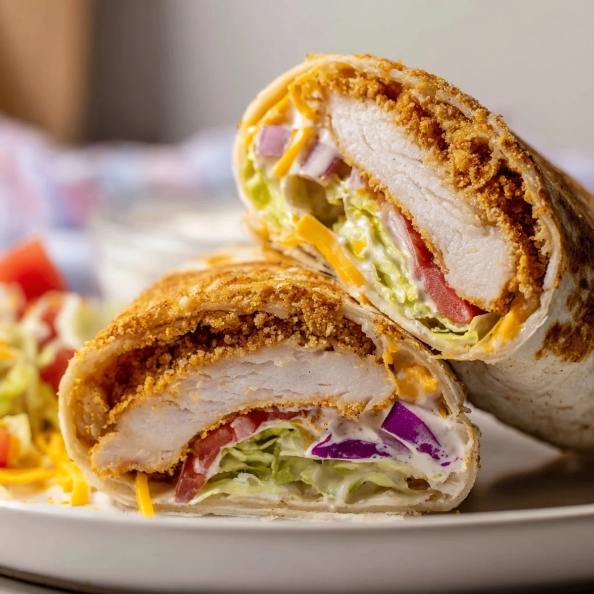 Handheld Crispy Chicken Ranch Wrap layered with tomato, cheddar, zesty dressing
