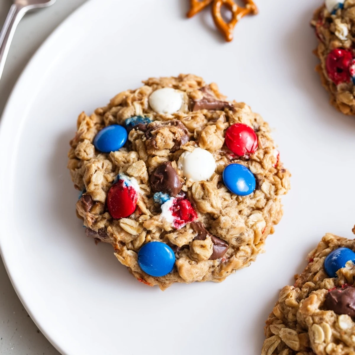 Warm Patriotic Monster Cookies Recipe stacked on a plate, chewy oats glistening