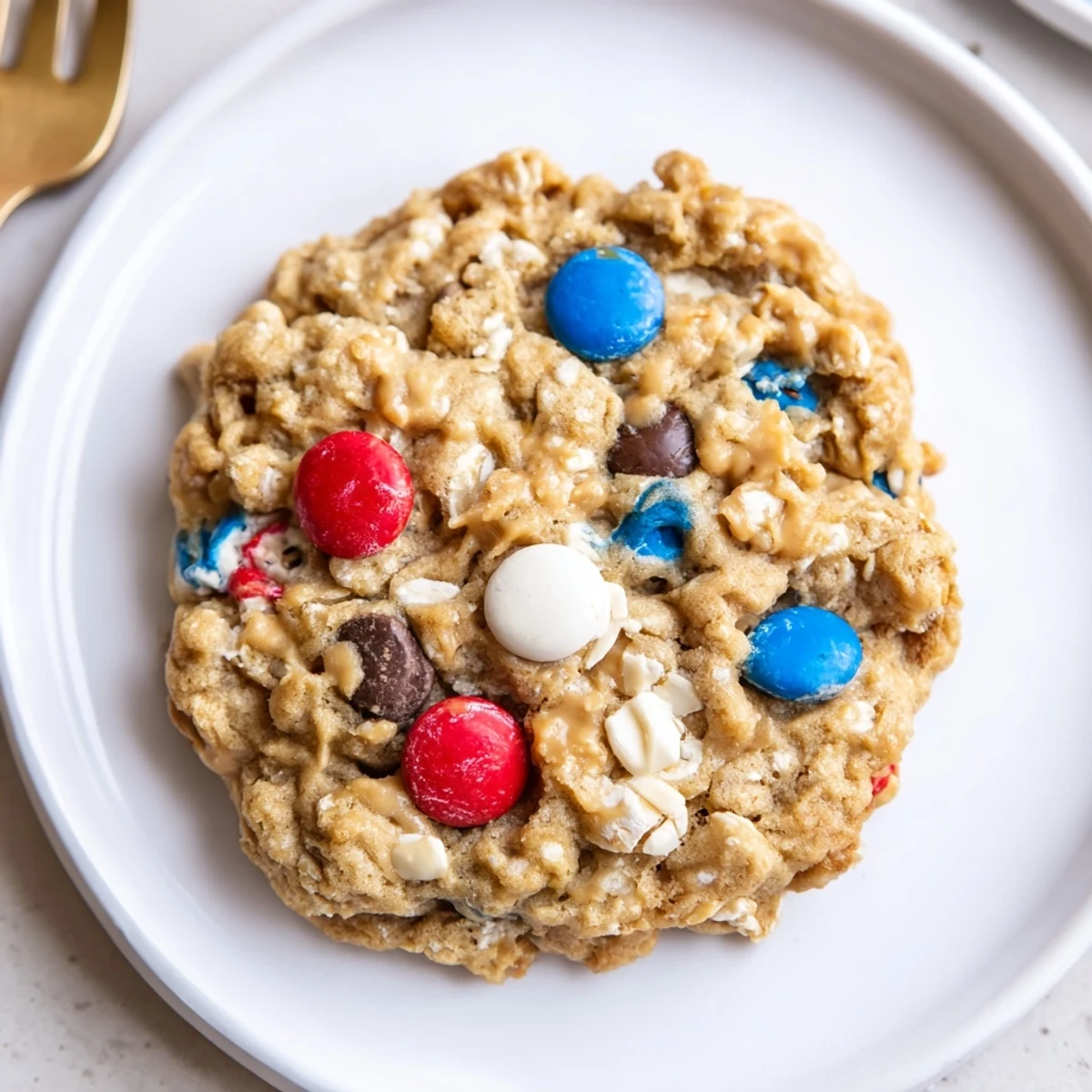 Fresh-baked Patriotic Monster Cookies Recipe studded with red, white, and blue candies
