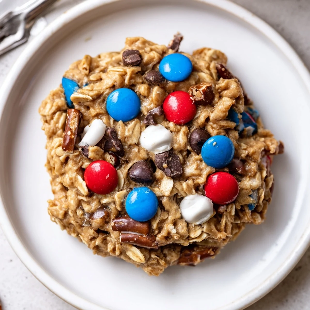 Patriotic Monster Cookies Recipe cooling on wire rack, gooey chocolate chips, pretzel crunch