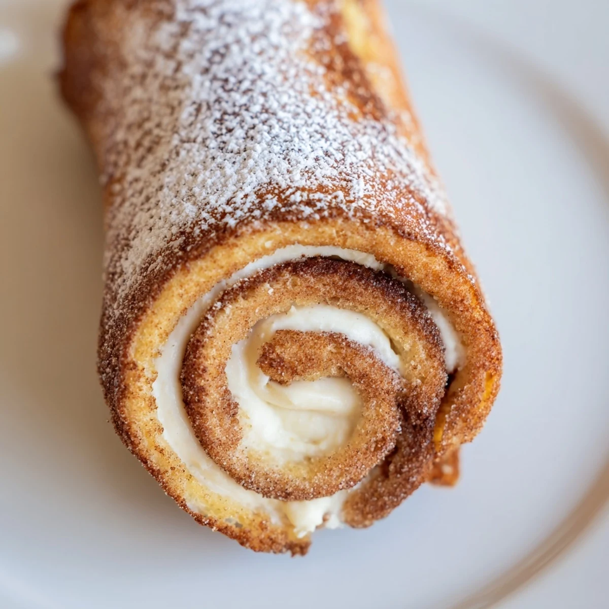 Warm Cinnamon Roll French Toast Roll Ups served with maple syrup and powdered sugar