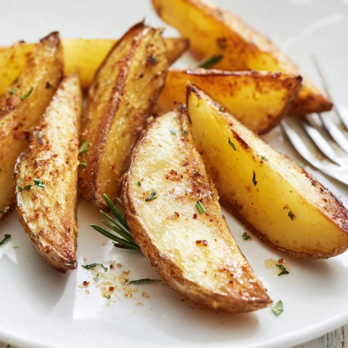 Golden Potato Wedges, skin-on and crisped in oven, garnished with parsley