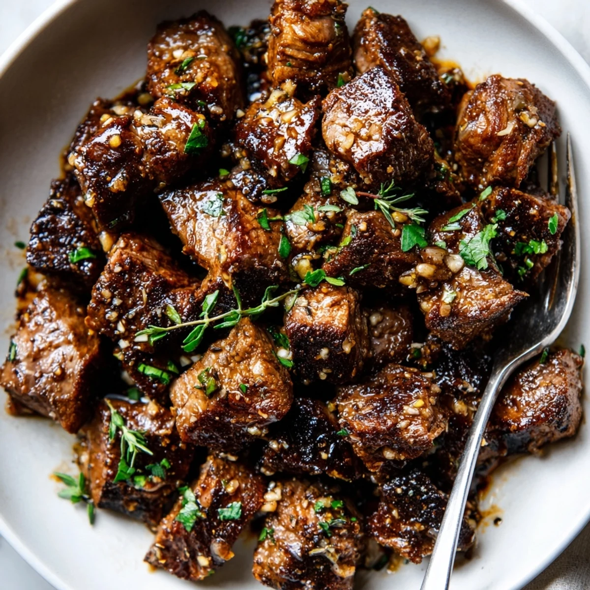 Garlic Butter Steak Bites sizzling in cast-iron, glossy garlic butter, parsley garnish