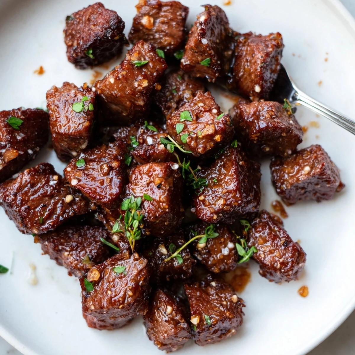 Pan-seared Garlic Butter Steak Bites resting on mashed potatoes, buttery aroma