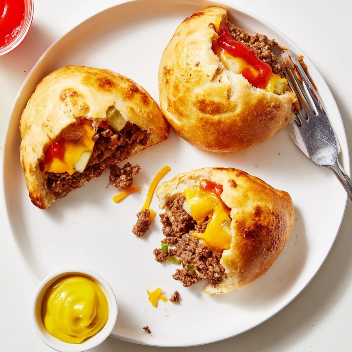 Golden biscuit wrapped Cheesy Cheeseburger Bombs Explosion Recipe steaming with melted cheese