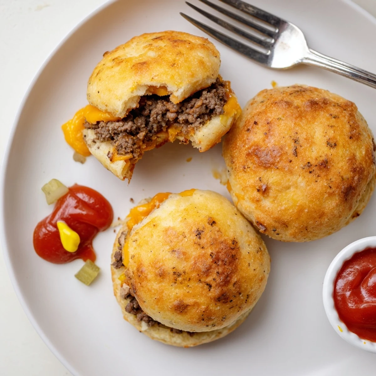 Baked Cheesy Cheeseburger Bombs Explosion Recipe oozing cheddar, served with tangy burger sauce