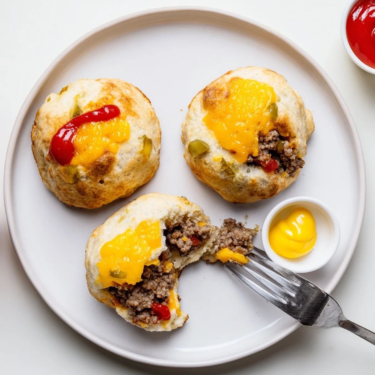Close up Cheesy Cheeseburger Bombs Explosion Recipe sesame topped, ready for dipping