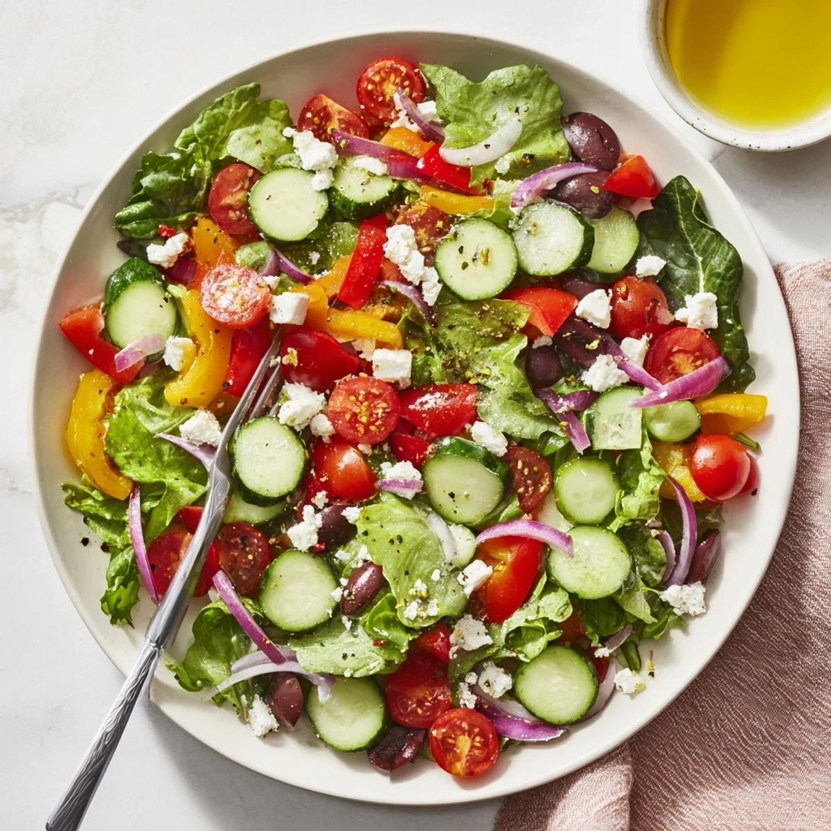 Bright Fresh Salad Recipe tossed with cucumber, red pepper, feta optional