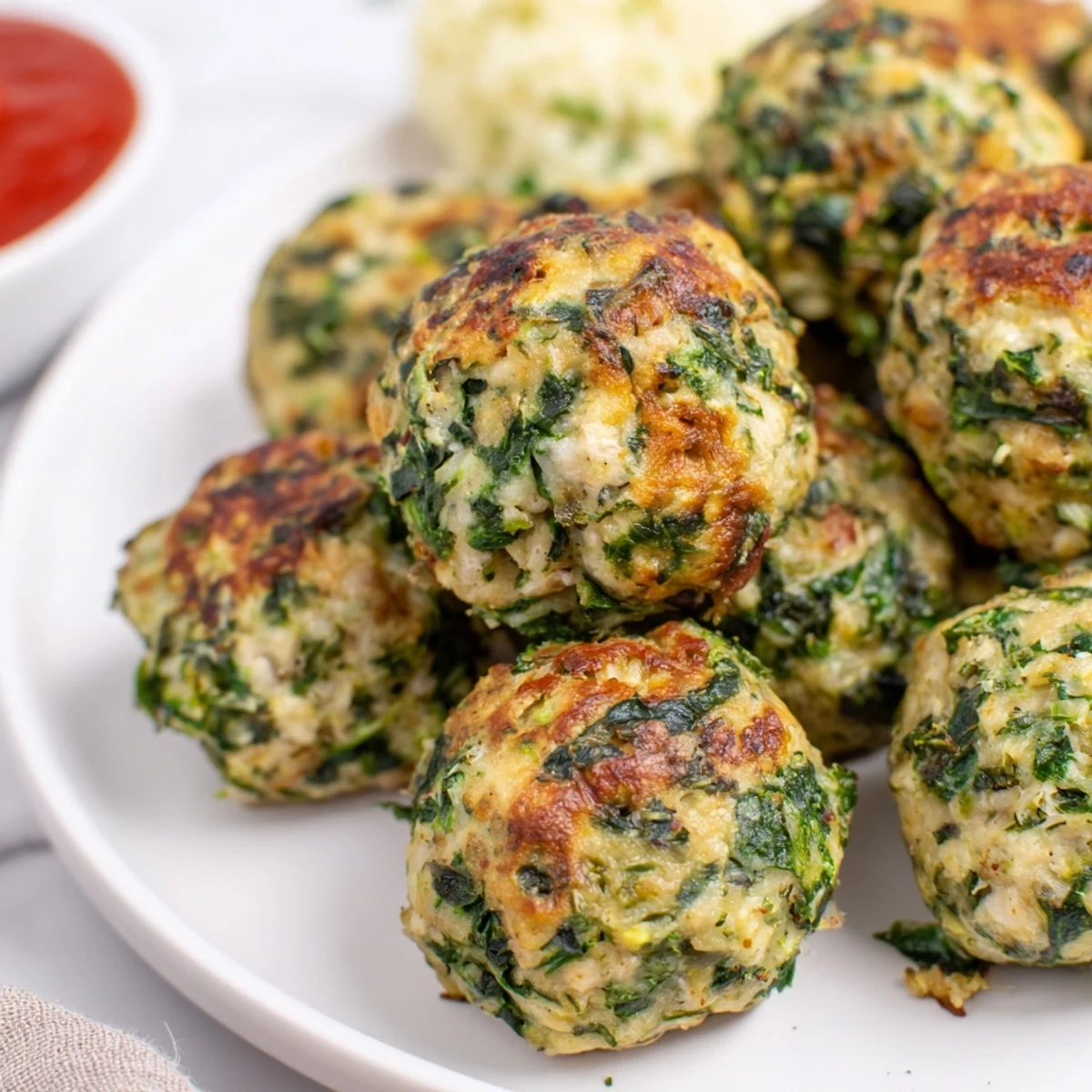 Tray of Low Carb Spinach Chicken Meatballs brushed with olive oil, tender