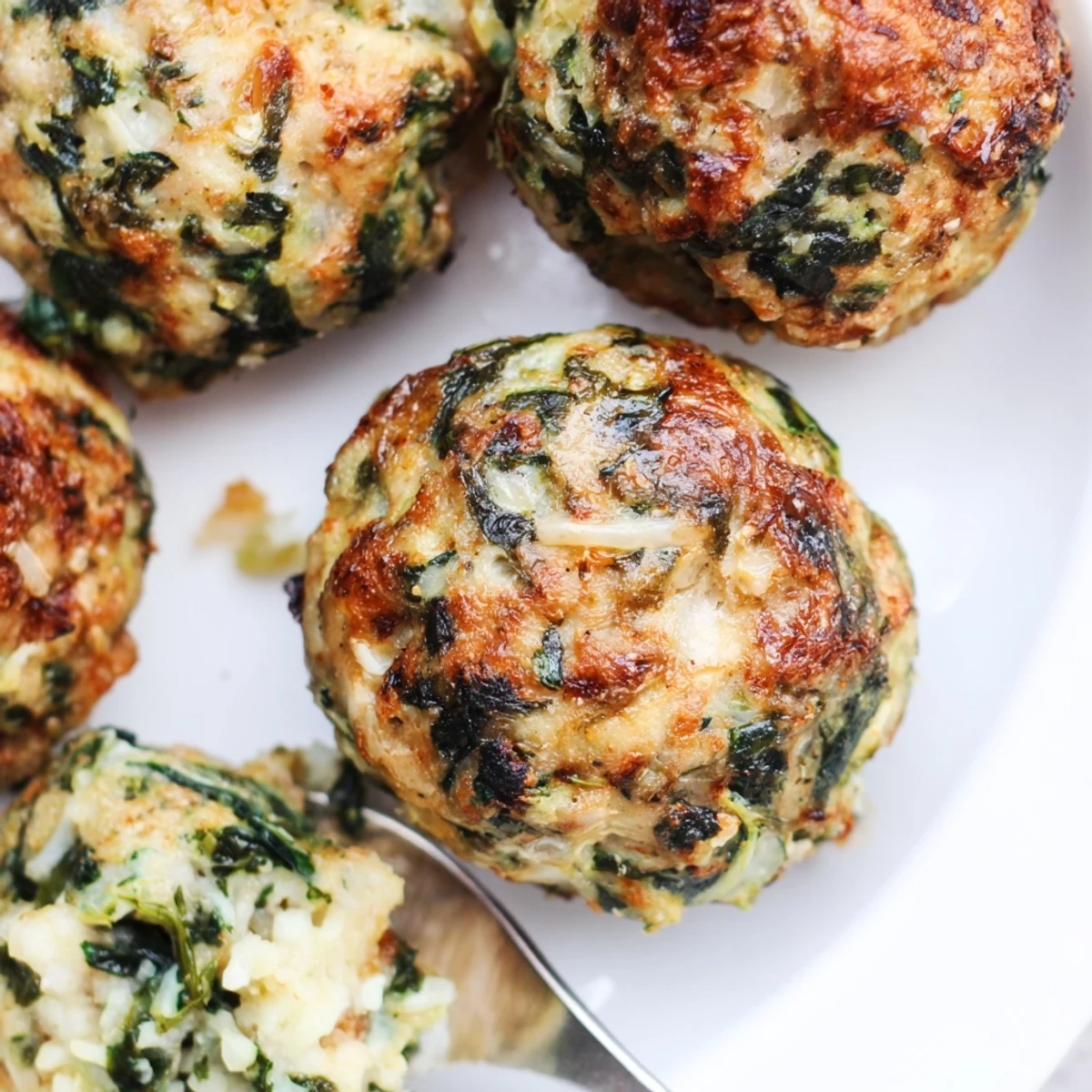 Halved Low Carb Spinach Chicken Meatballs on cauliflower rice, steaming and savory