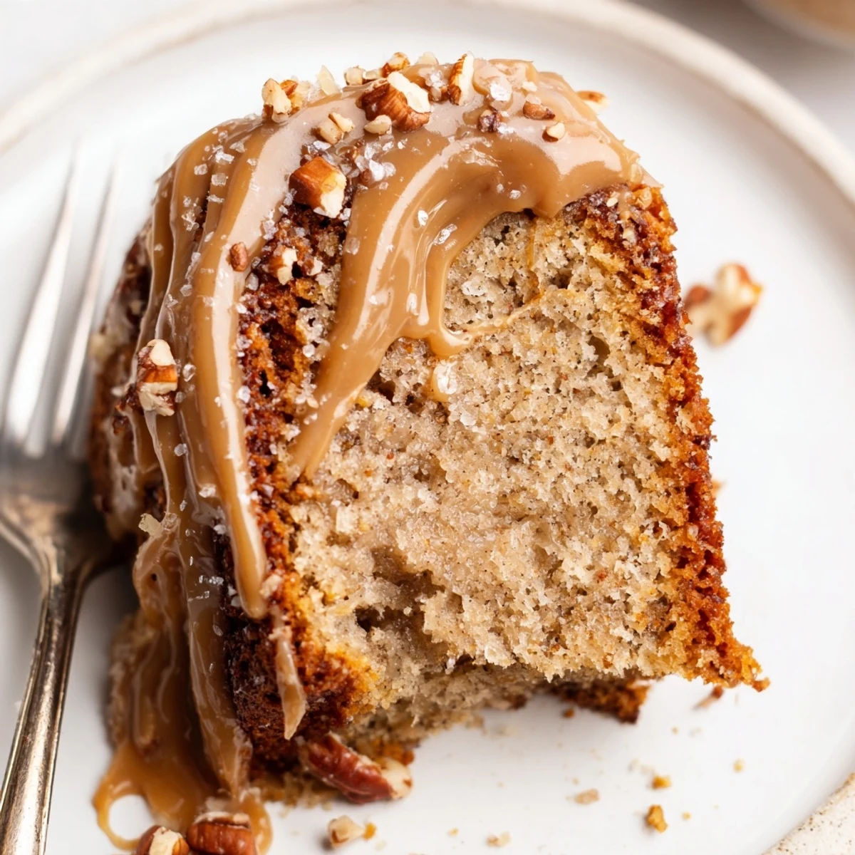 Salted Caramel Brown Butter Banana Cake sliced, glossy caramel drip, nutty aroma