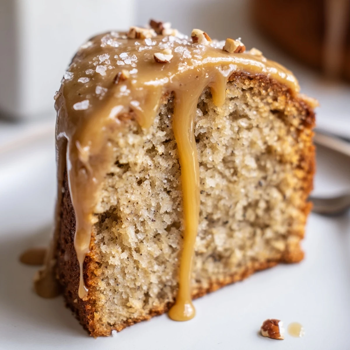 Fork ready Salted Caramel Brown Butter Banana Cake on plate, moist crumb, buttery caramel