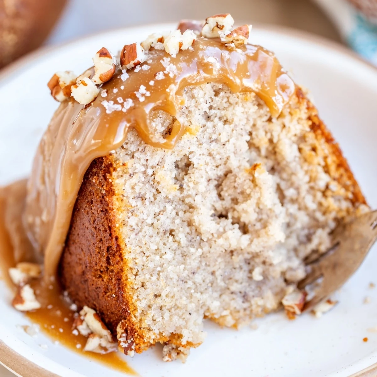 A warm slice of Salted Caramel Brown Butter Banana Cake topped with sea salt