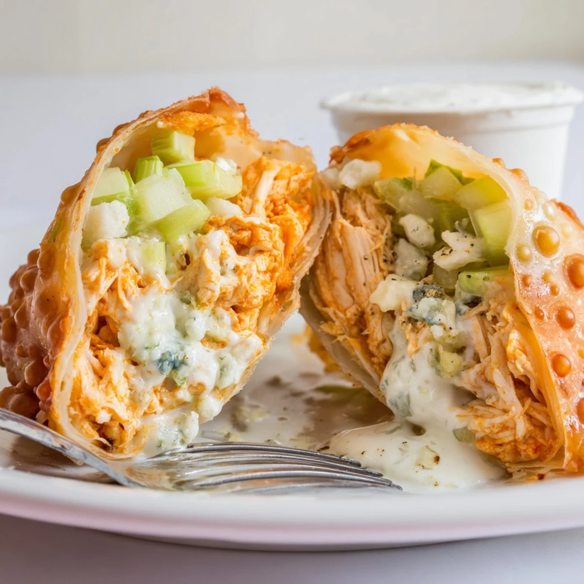 Golden fried Buffalo Chicken Egg Rolls resting on paper towels, steam rising