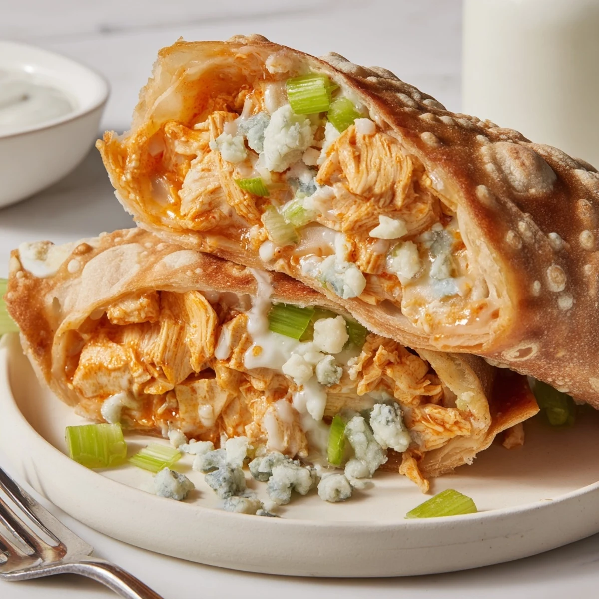 Crispy Buffalo Chicken Egg Rolls with gooey cheese, celery crunch, ranch dip