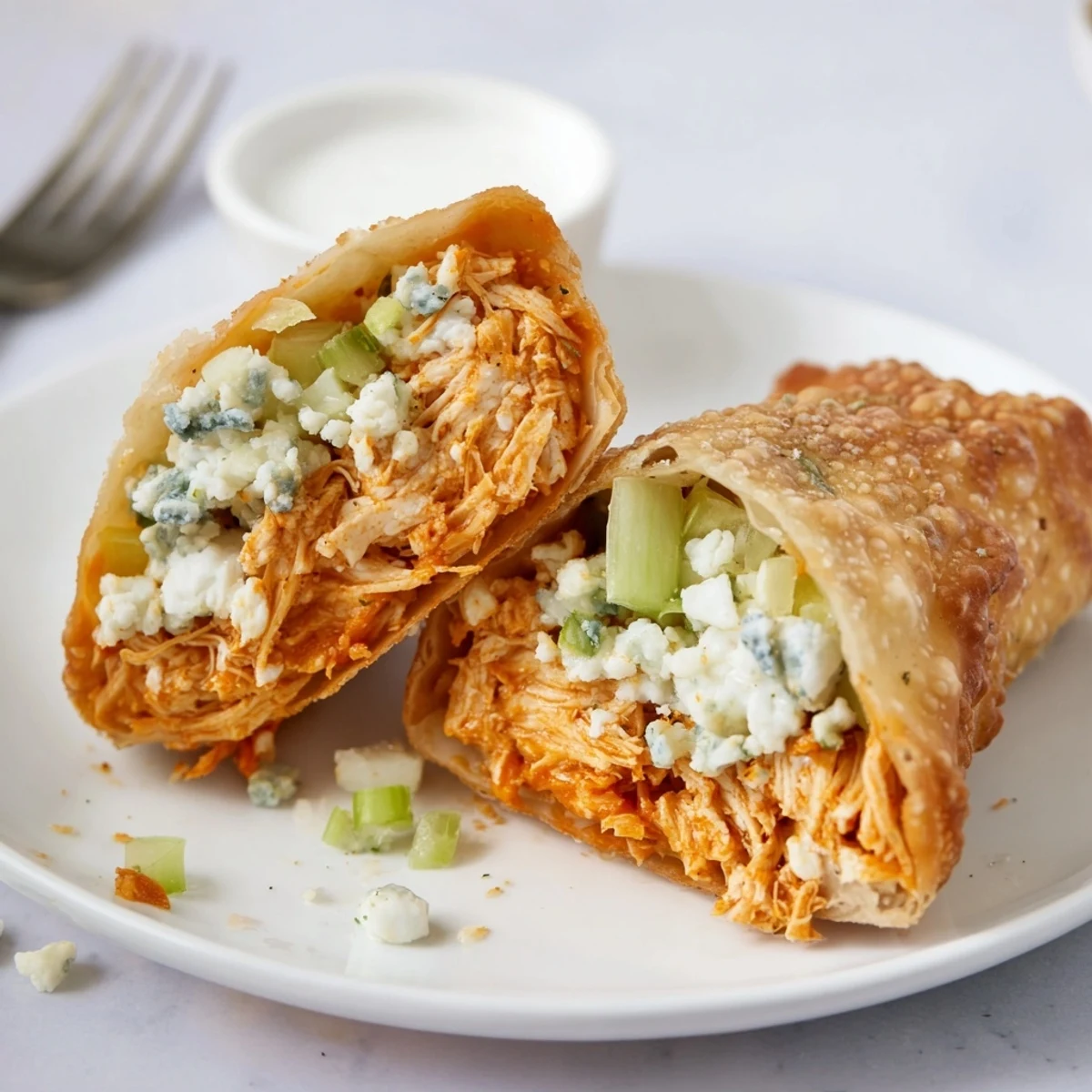 Homemade Buffalo Chicken Egg Rolls served warm with blue cheese dipping sauce