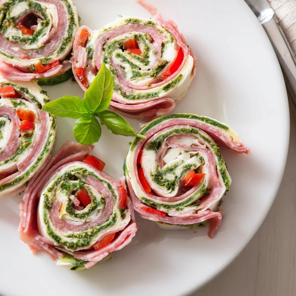 Italian Pinwheel Sandwiches on a platter, colorful, creamy pesto and crisp veggies.