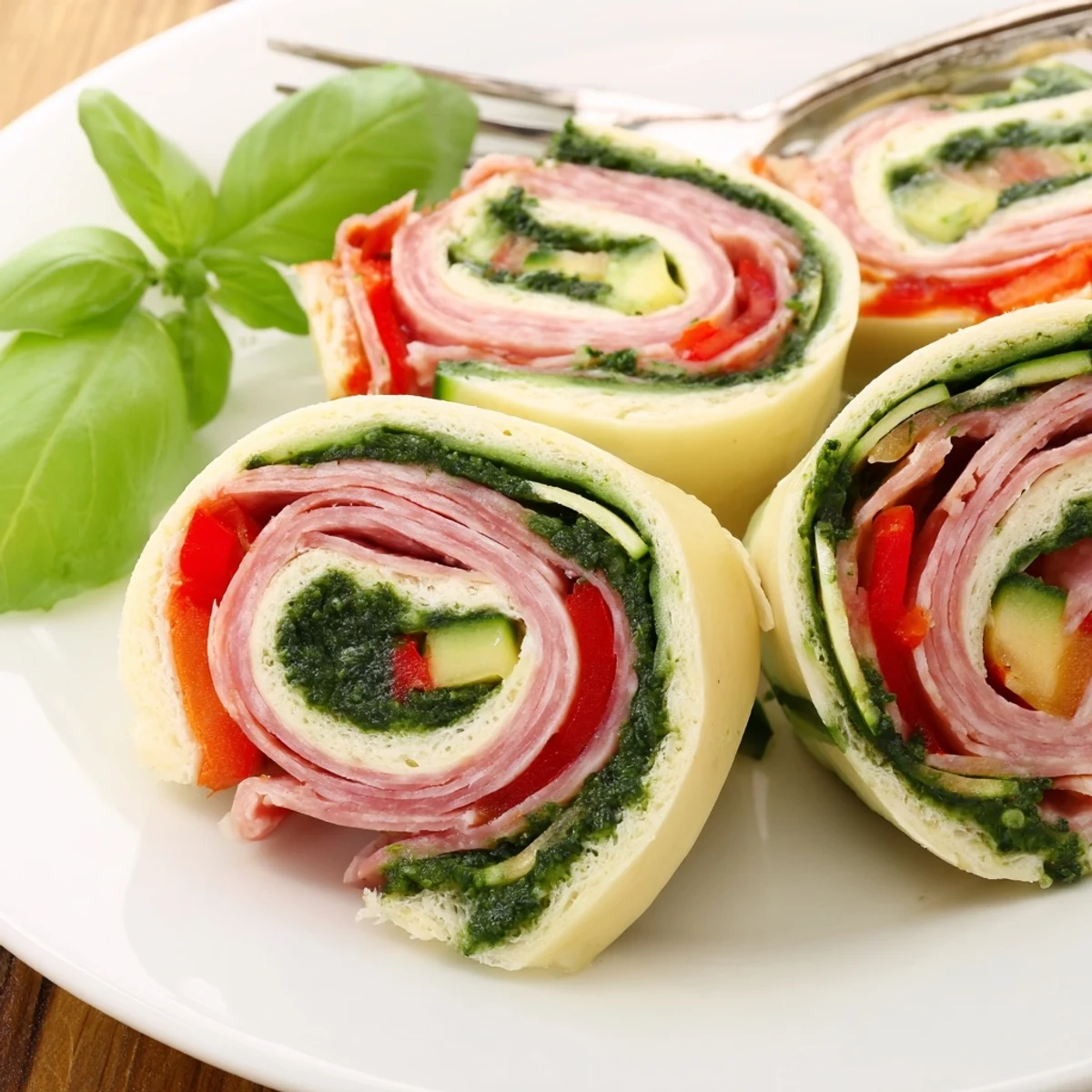 Party-ready Italian Pinwheel Sandwiches arranged with basil garnish and sparkling wine.
