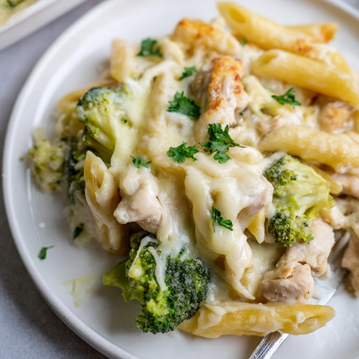Chicken Broccoli Alfredo Bake Recipe: bubbling golden cheese over creamy pasta and chicken