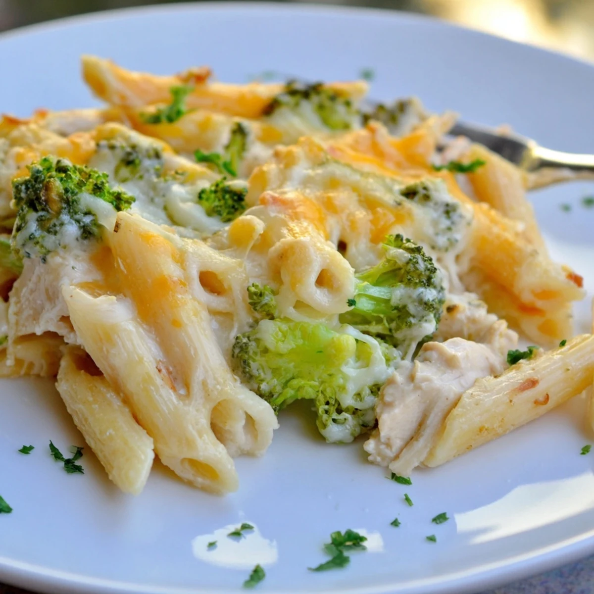 Slice of Chicken Broccoli Alfredo Bake Recipe served steaming with garlic bread