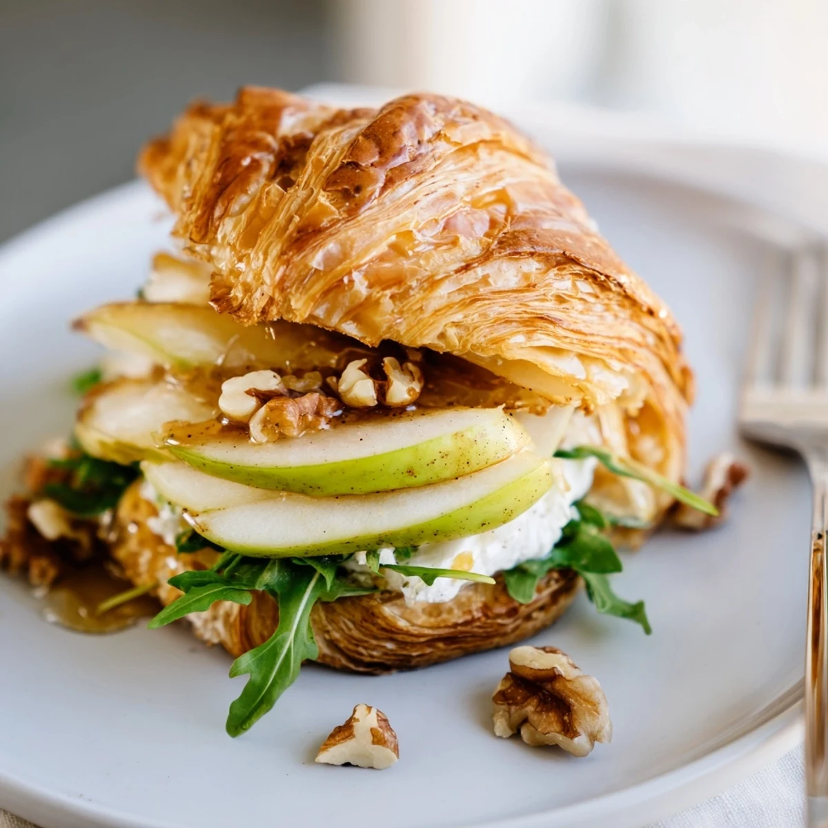 Toasted Apple Goat Cheese Croissant Sandwich with arugula, walnuts for crunchy brunch bite