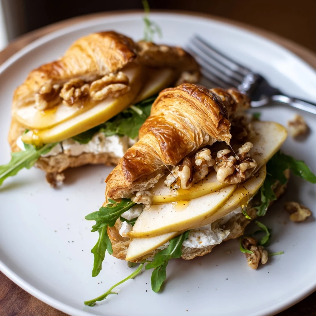 Sliced Apple Goat Cheese Croissant Sandwich on cutting board, drizzled honey glistening