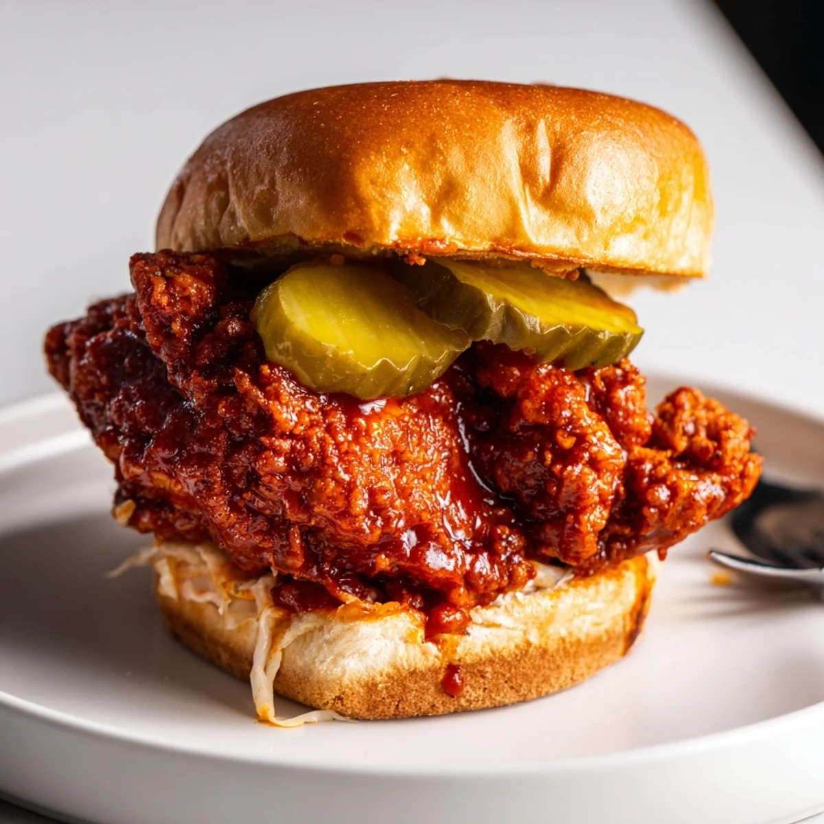 Spicy Nashville Hot Chicken Sandwiches with crisp pickles, creamy slaw, golden crust