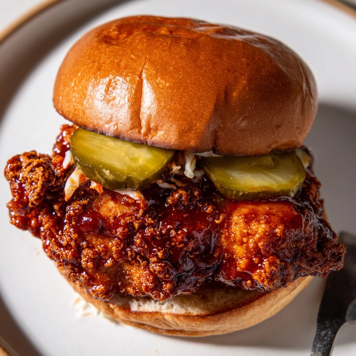 Crispy Spicy Nashville Hot Chicken Sandwiches brushed with fiery oil, served on toasted brioche