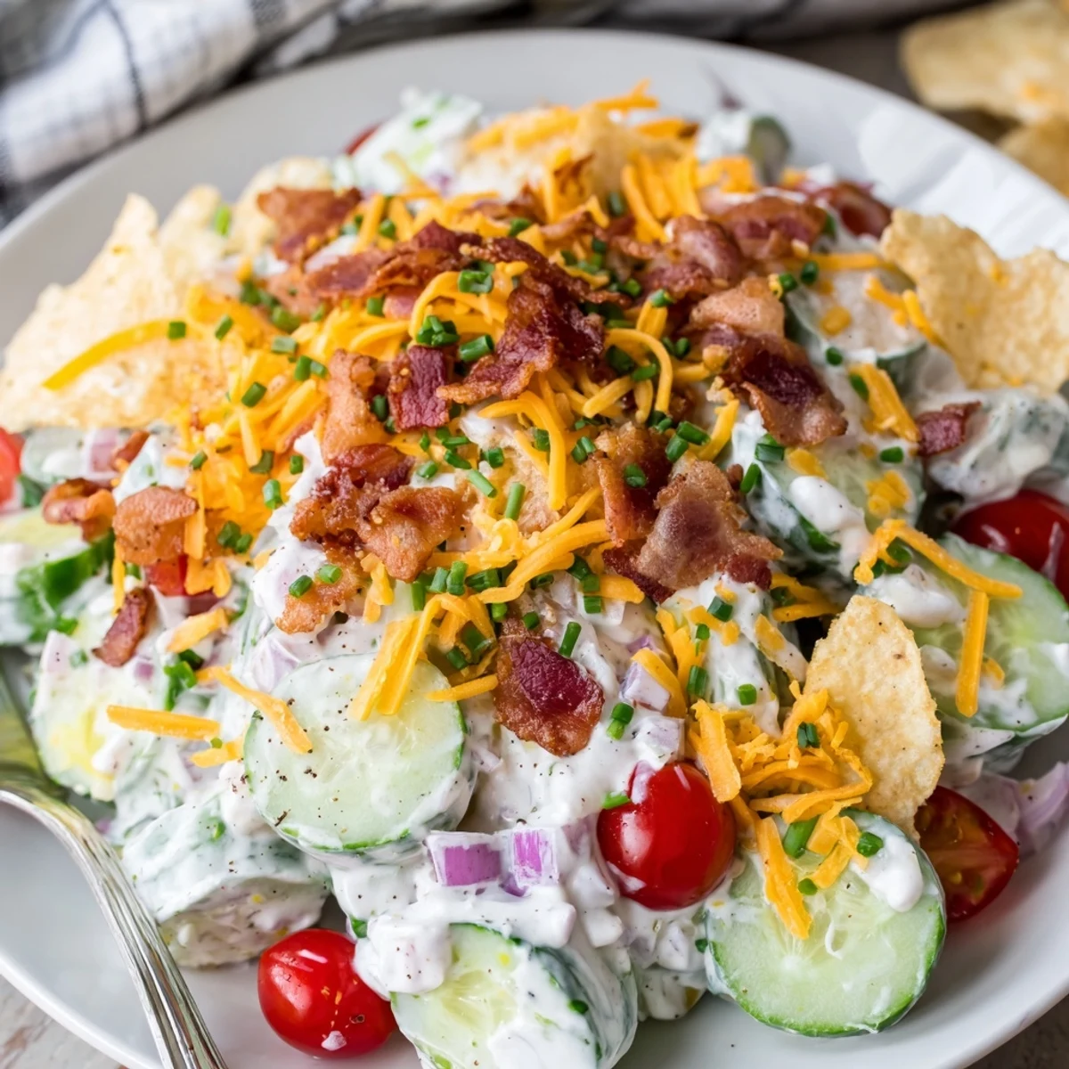 Cucumber Ranch Crack Salad loaded with crunchy chips, smoky bacon, creamy dressing