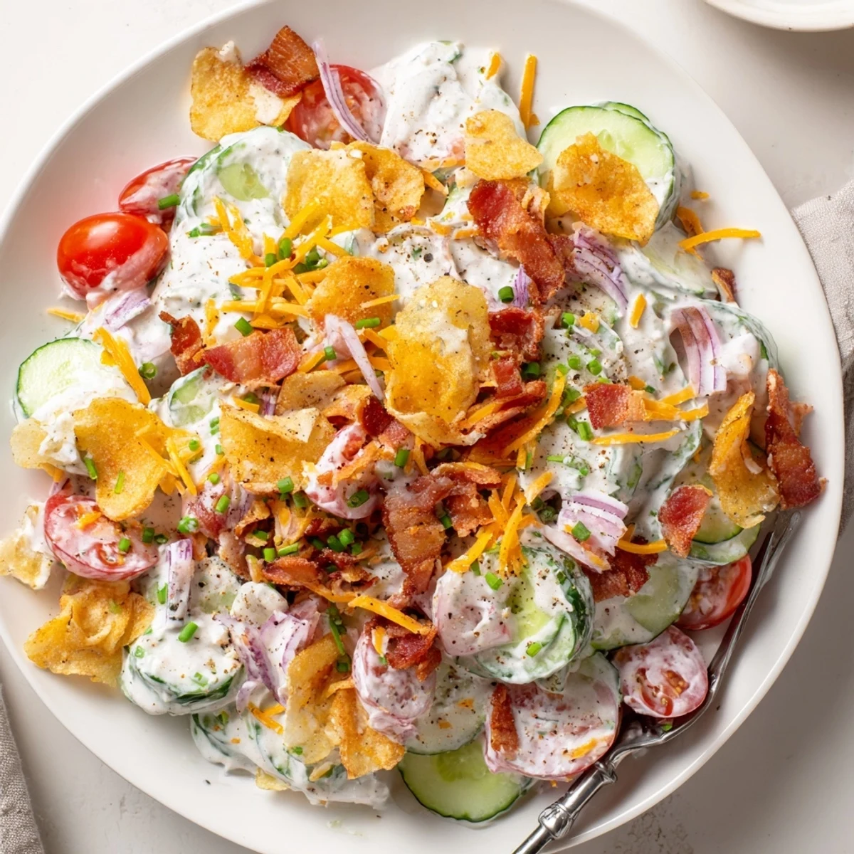 Bright Cucumber Ranch Crack Salad recipe topped with cheddar, chives, picnic ready crunch
