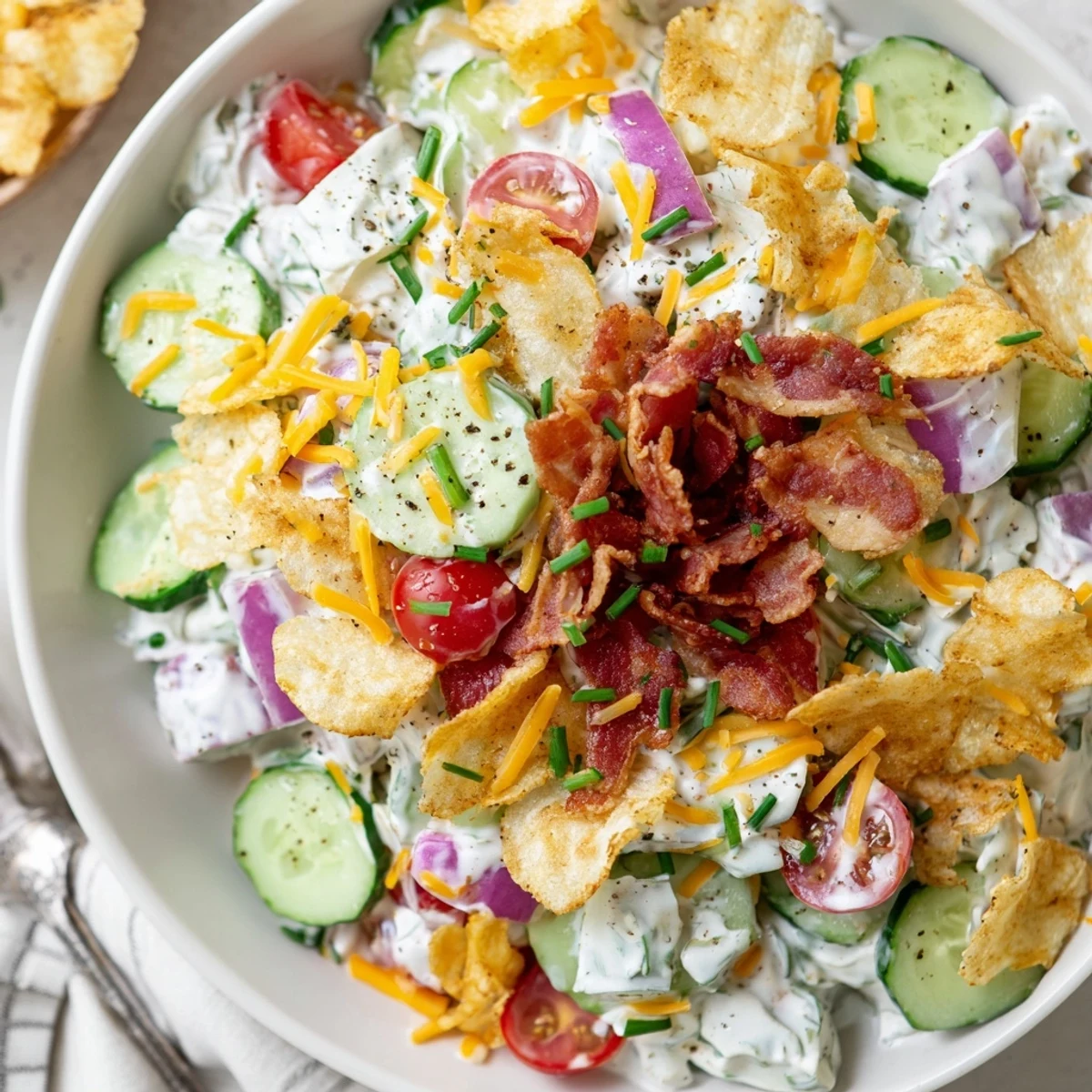 Bowl of Cucumber Ranch Crack Salad with juicy tomatoes, crisp cucumber bites