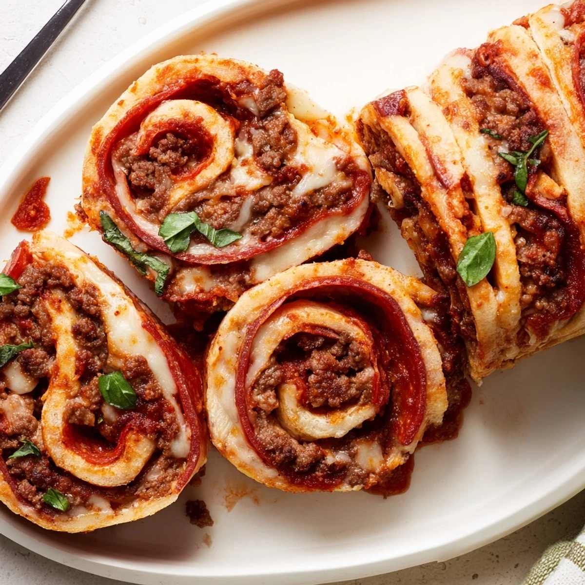 Family-style Cheesy Beef Pepperoni Pizza Roll Ups Snack Recipe, gooey cheese, basil garnish