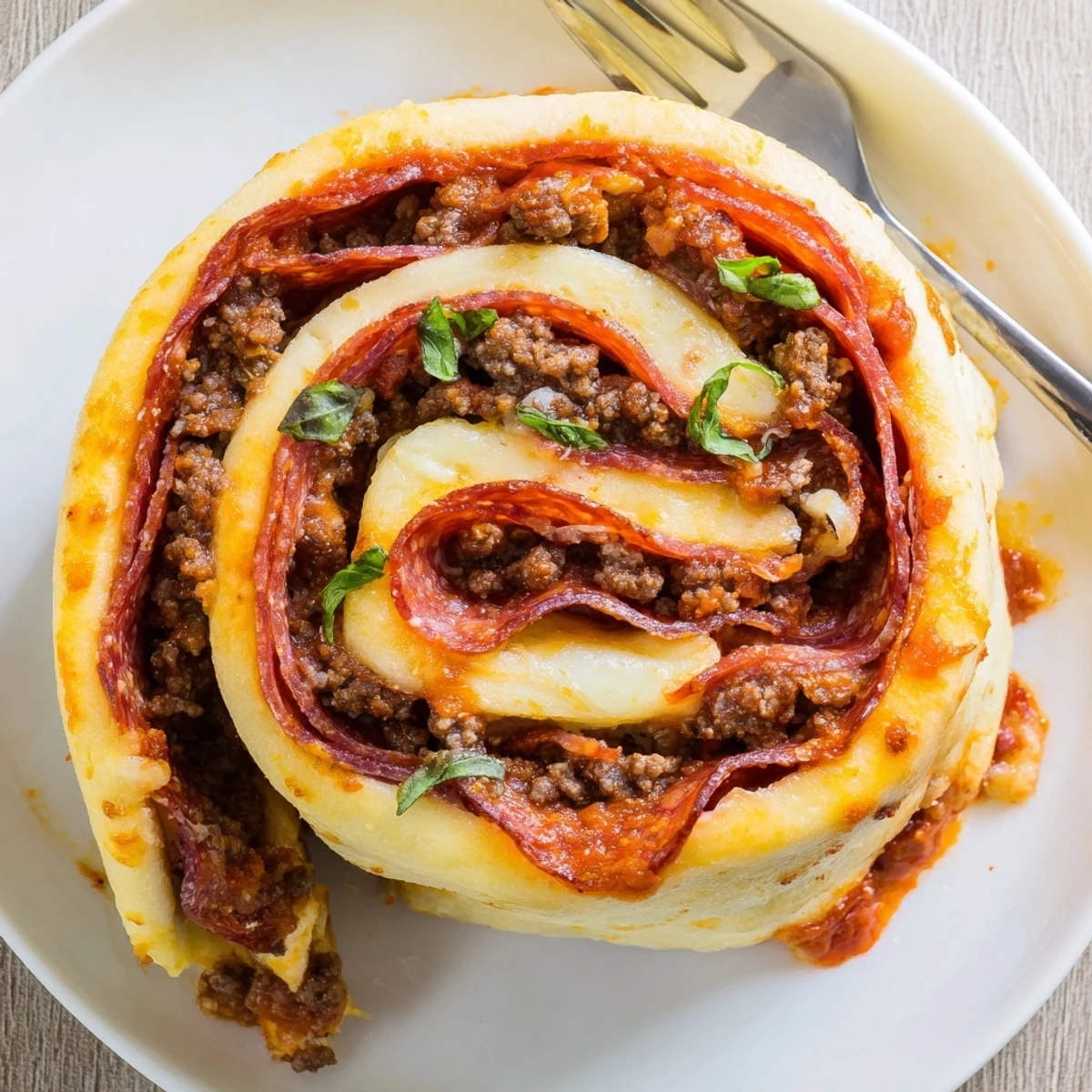 Oven-baked Cheesy Beef Pepperoni Pizza Roll Ups Snack Recipe with crispy edges