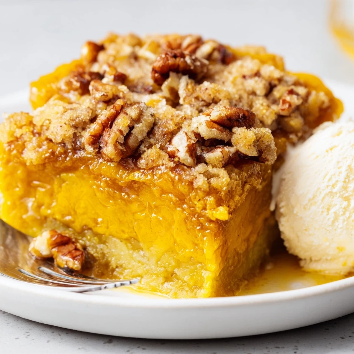Pumpkin Dump Cake cooling in a pan, golden pecan topping and steam